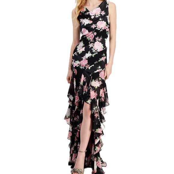 City Studio Ruffled Black Pink Floral Maxi Dress Cowl Neck Party Cocktail Sz XL - Picture 1 of 10